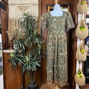 Green Floral Embroidered Midi Dress S Fairycore Whimsigoth Romantic Cottagecore